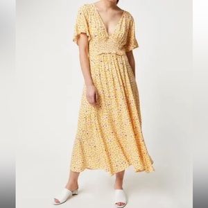 Free People In Full Bloom Ivory Yellow Leafy Floral Print Midi Dress S